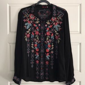 Johnny Was Semi Sheer Embroidered Button Up Shirt